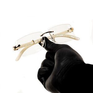 White Arm Rimless Clear Lens Square Gold Frame Unisex Rectangle Hip Hop Glasses